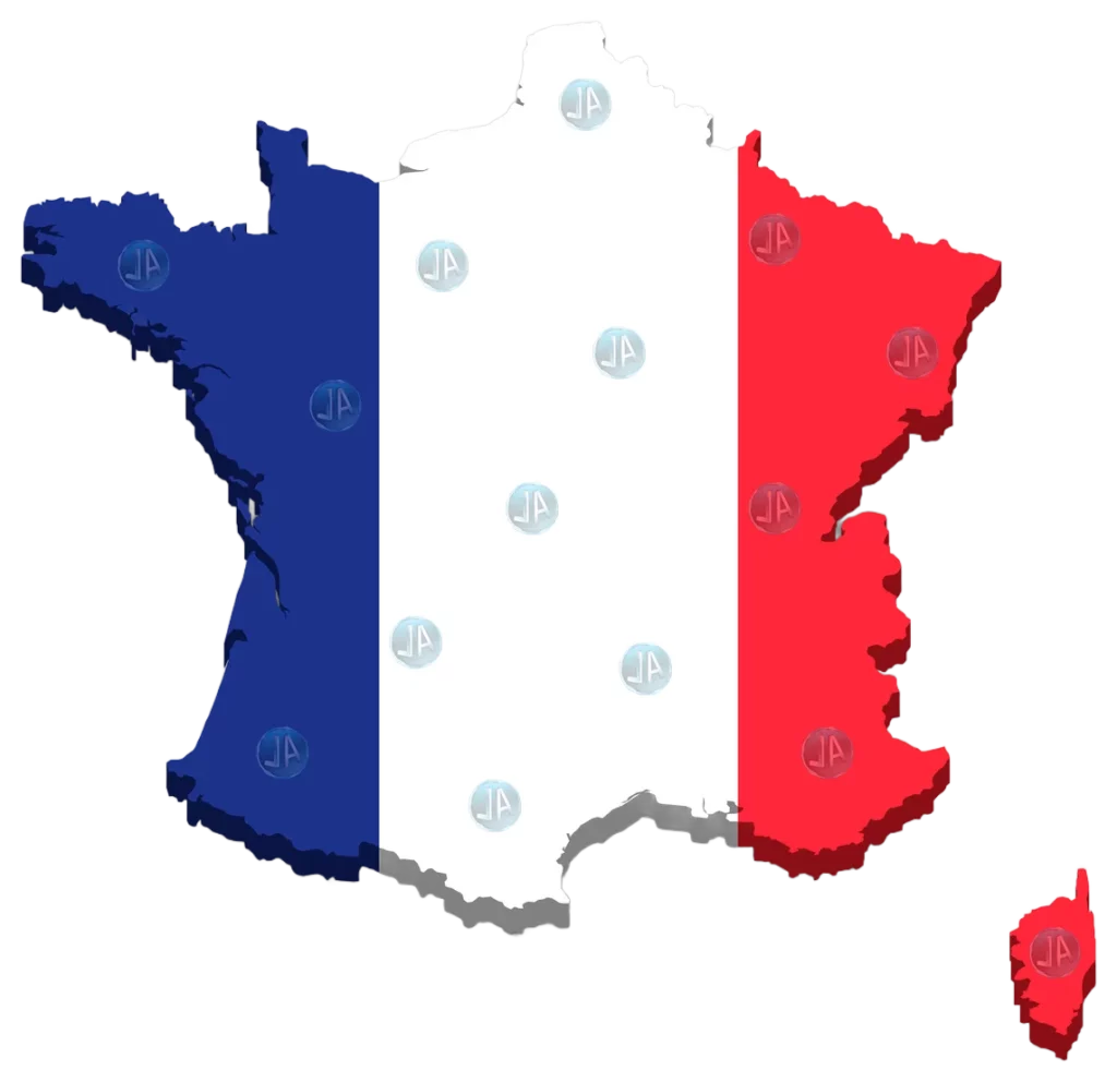 Carte représentatif de la France, représentant la zone géographique où Leonardo Animation se déplace pour ses animations de mariage, anniversaire etc..