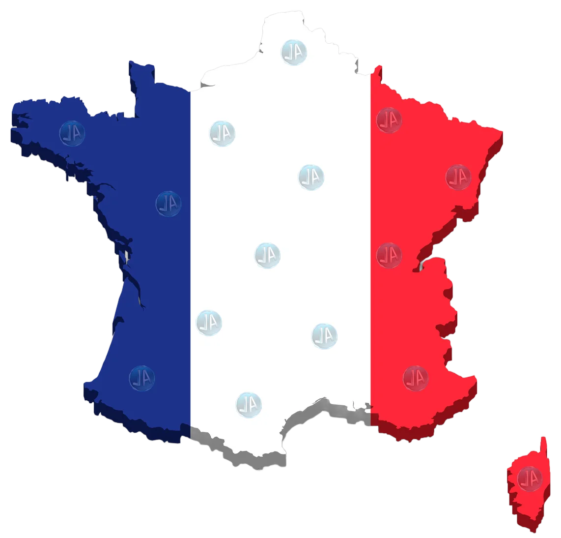 Carte représentatif de la France, représentant la zone géographique où Leonardo Animation se déplace pour ses animations de mariage, anniversaire etc..