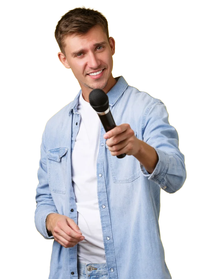 Homme tenant un micro pour chanter au karaoké avec leonardo animation.